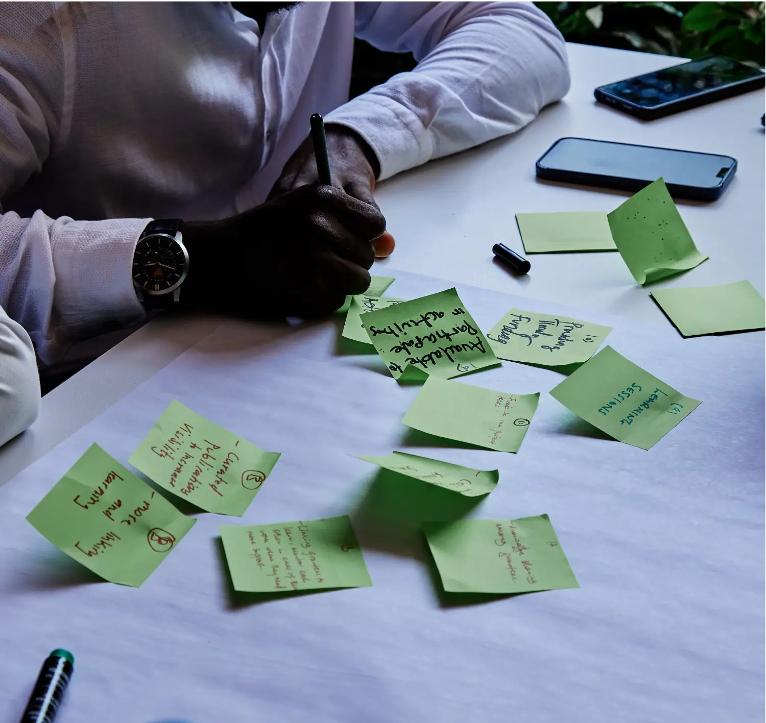 Person writing post it notes during a workshop