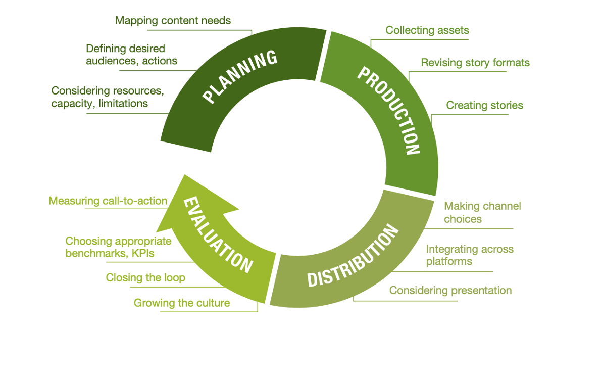 Strategic Story Cycle Diagram - planning, production, distribution, evaluation